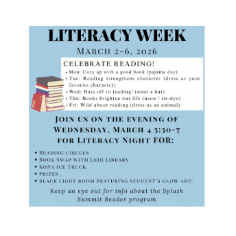 Literacy Week flyer in black and blue
