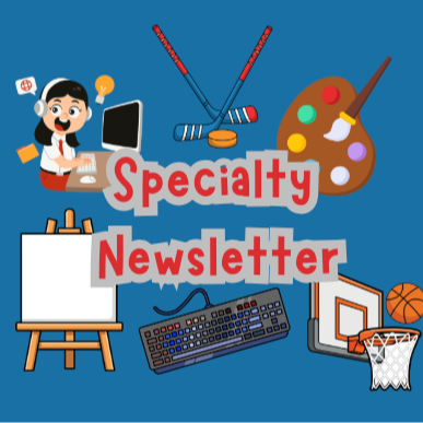 Specialty Newsletter in red, blue with computer, art and PE supplies