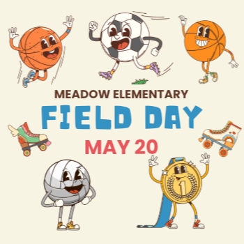 Cream background with blue, red, black writing and sports equipment