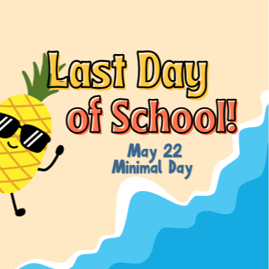 Red/yellow/blue writing, yellow pineapple with sand and blue water