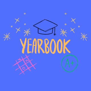 Blue background, yellow writing with pink and green images