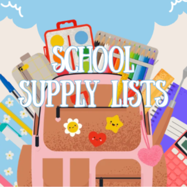 School supplies in multi color with white writing