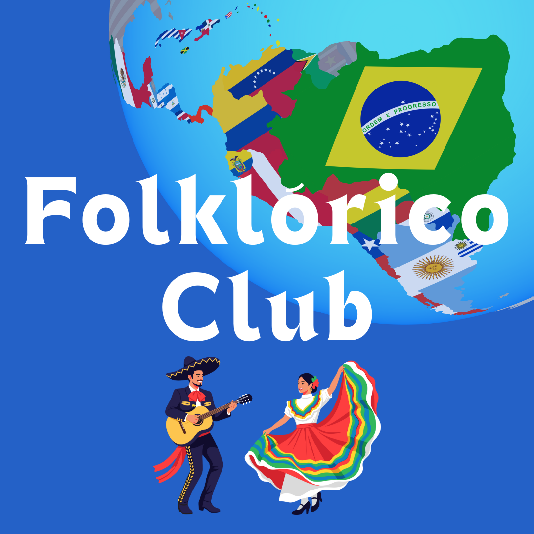 Decorative image of a globe of latin american flags on a map of south and central america with a male and female dancer in cultural costume dancing