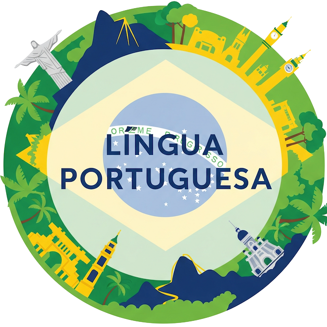 An image compiled of sights and vistas from all over Brazil, with the words "Lingua Portuguesa", which means "The Portuguese Language"