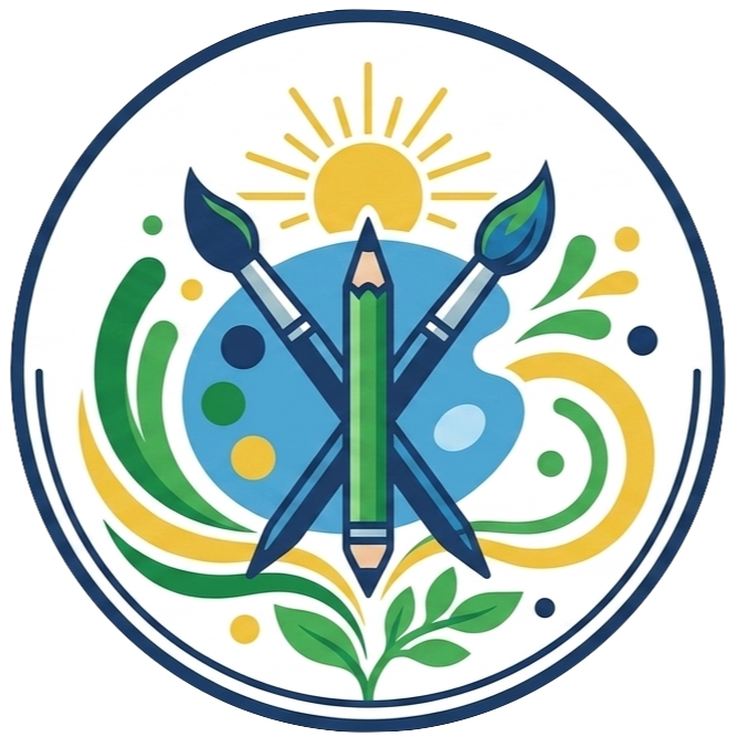 This is an illustrated image representative of the visual arts, showing green, yellow, and blue color splashes, two paintbrushes, and a pencil.