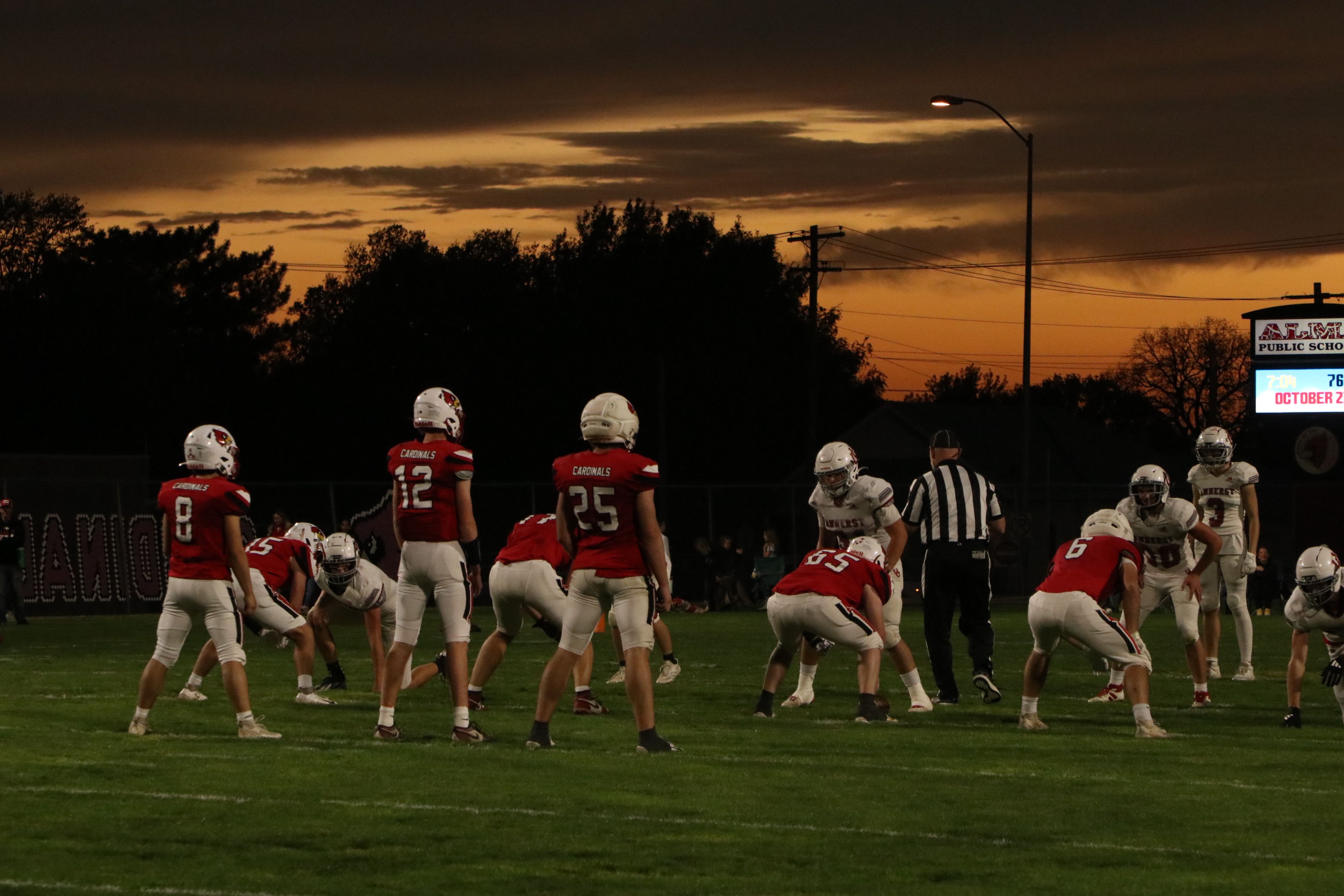 Football line in the sunset at the Amherst game.