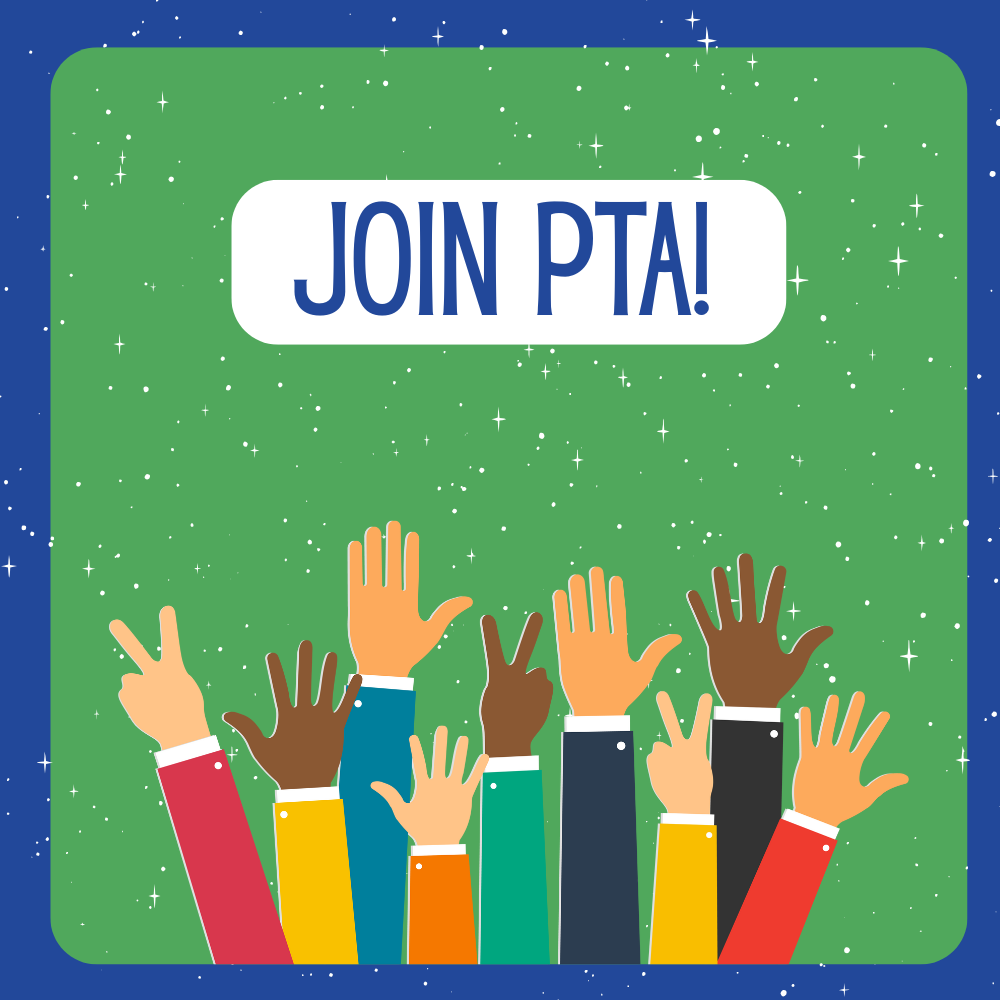 Green and blue background with white stars. Join PTA at the top and 9 hands raised at the bottom.
