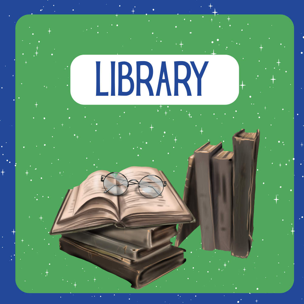 Blue and green background with white stars. Library at the top and a picture of Hogwarts books and glasses at the bottom.