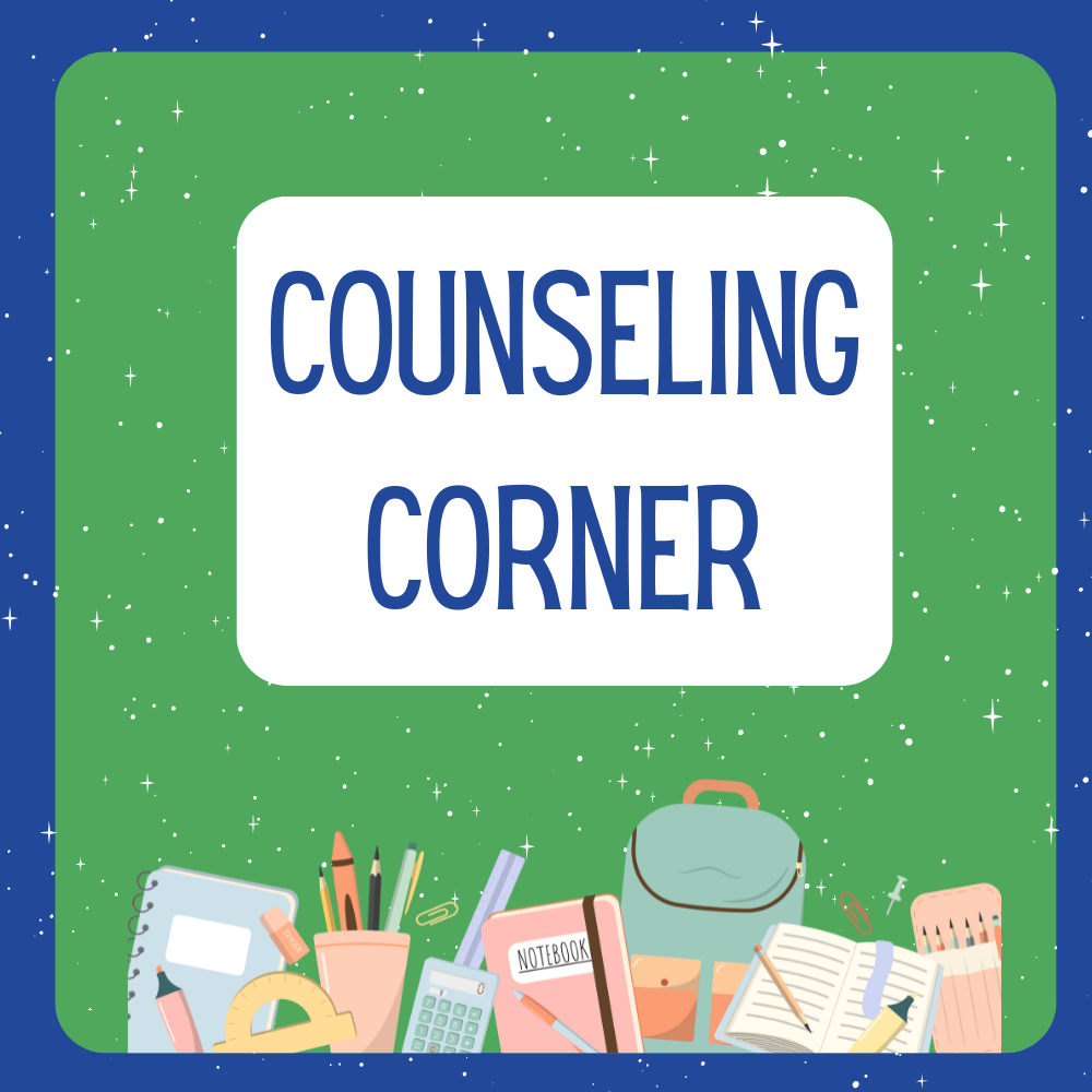 Blue and green background with white stars. Counseling corner at the top and pastel school supplies at the bottom.