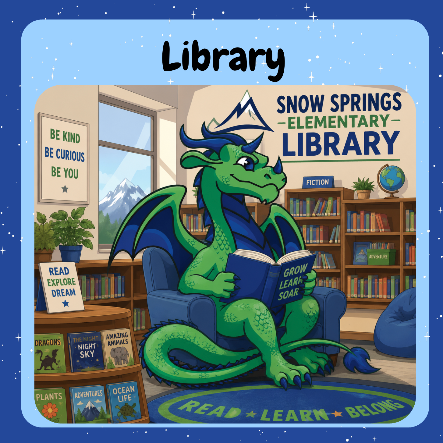 Blue background with black text. Blaze the Dragon who is green and blue is sitting on a blue chair in a library reading a book.