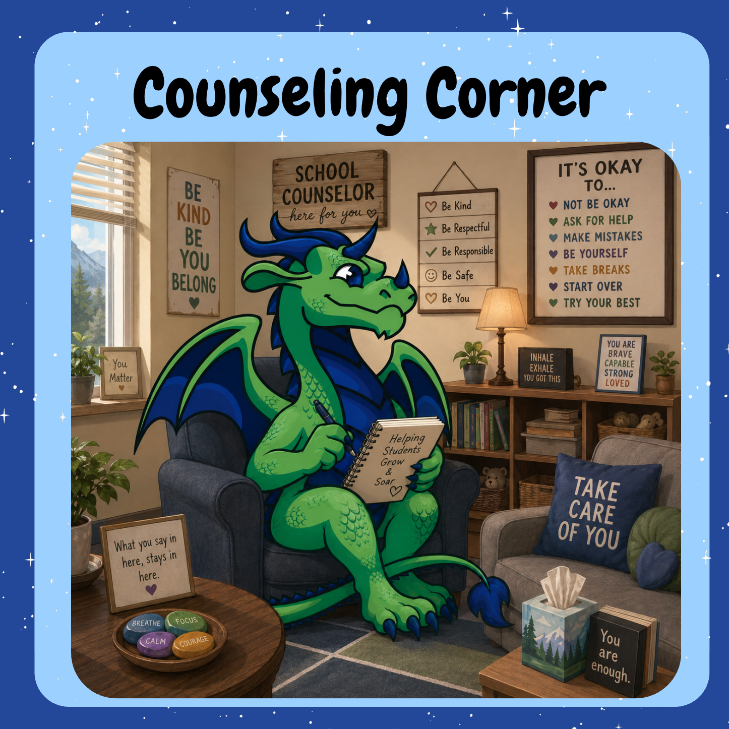 Blue background with Blaze, our blue and green dragon mascot sitting in a school counseling office with a brown bookshelf and a blue chair.
