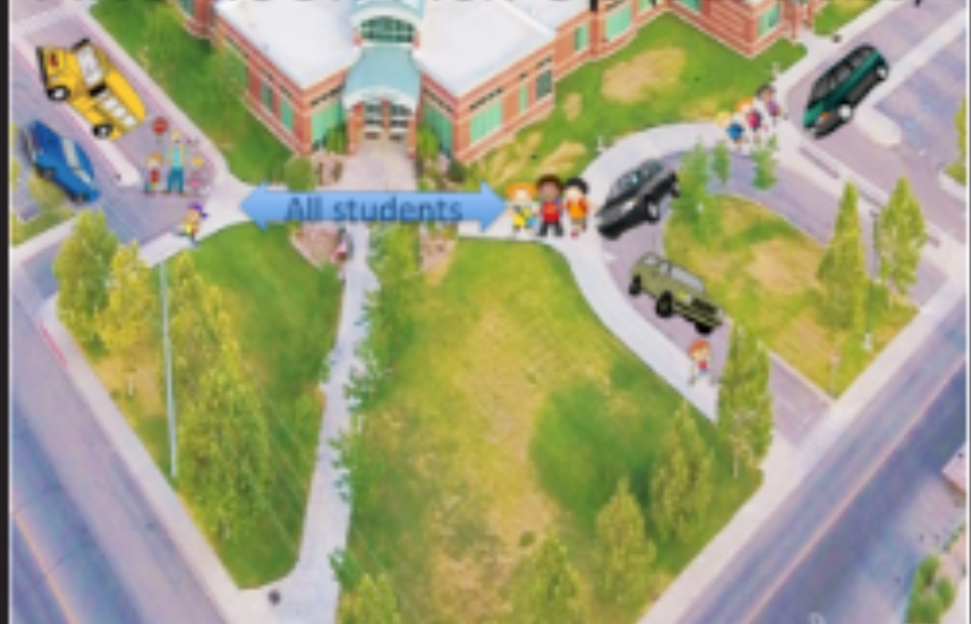 drawing of pick up locations in front of the school on the north and west