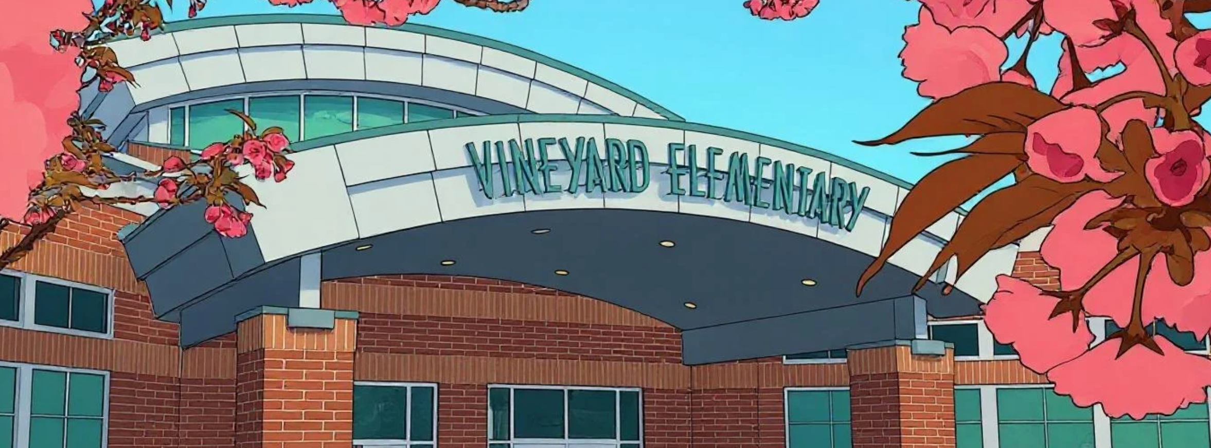 front of Vineyard Elementary in cartoon version