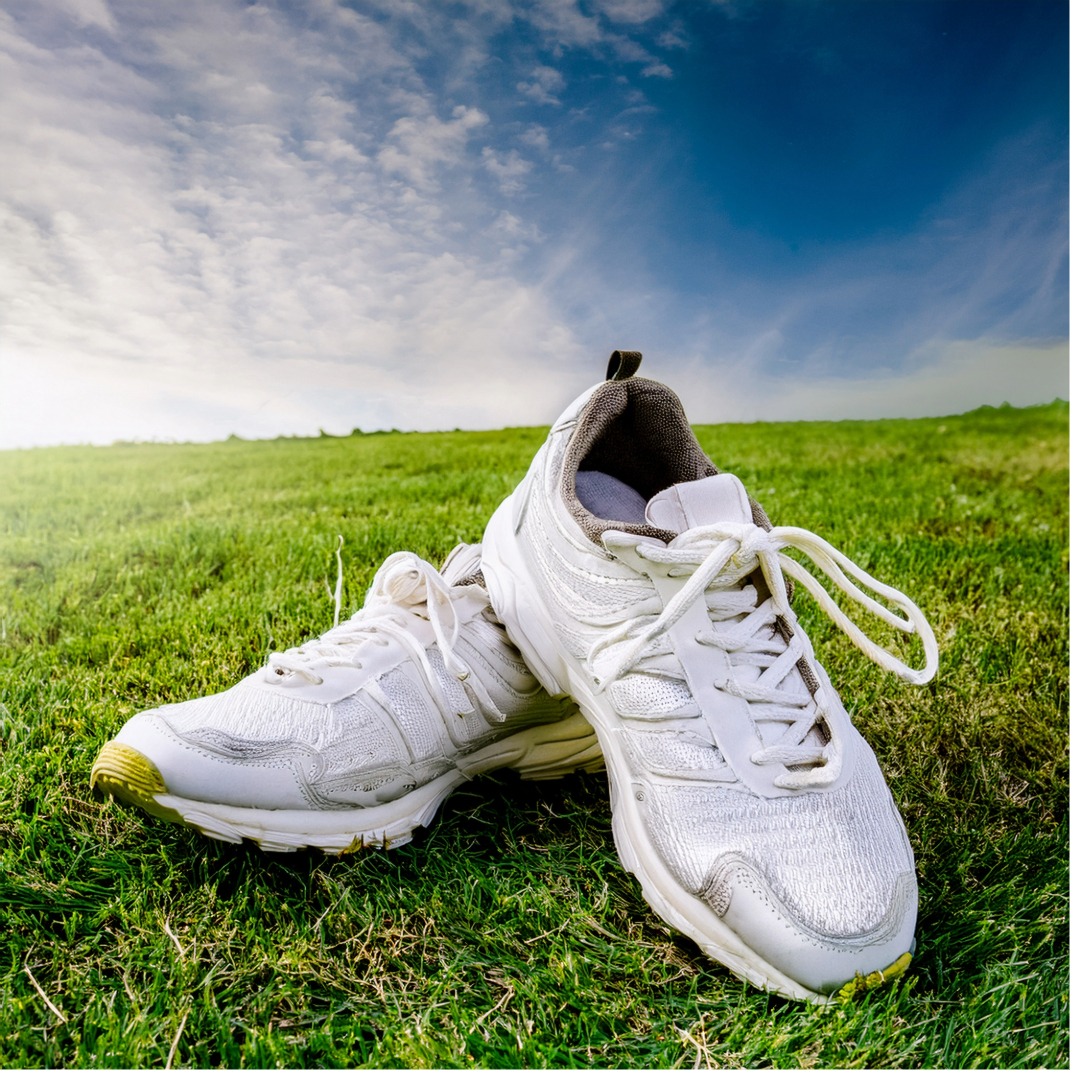 A pair of running shoes on grass
