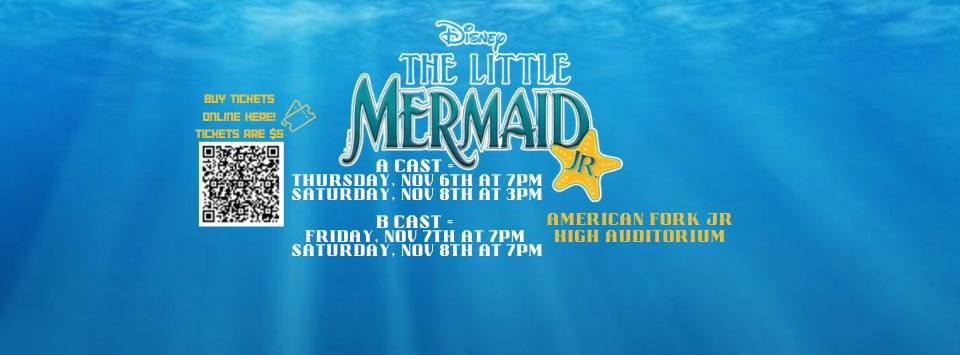 An ocean with text inviting patrons to buy tickets to The Little Mermaid musical