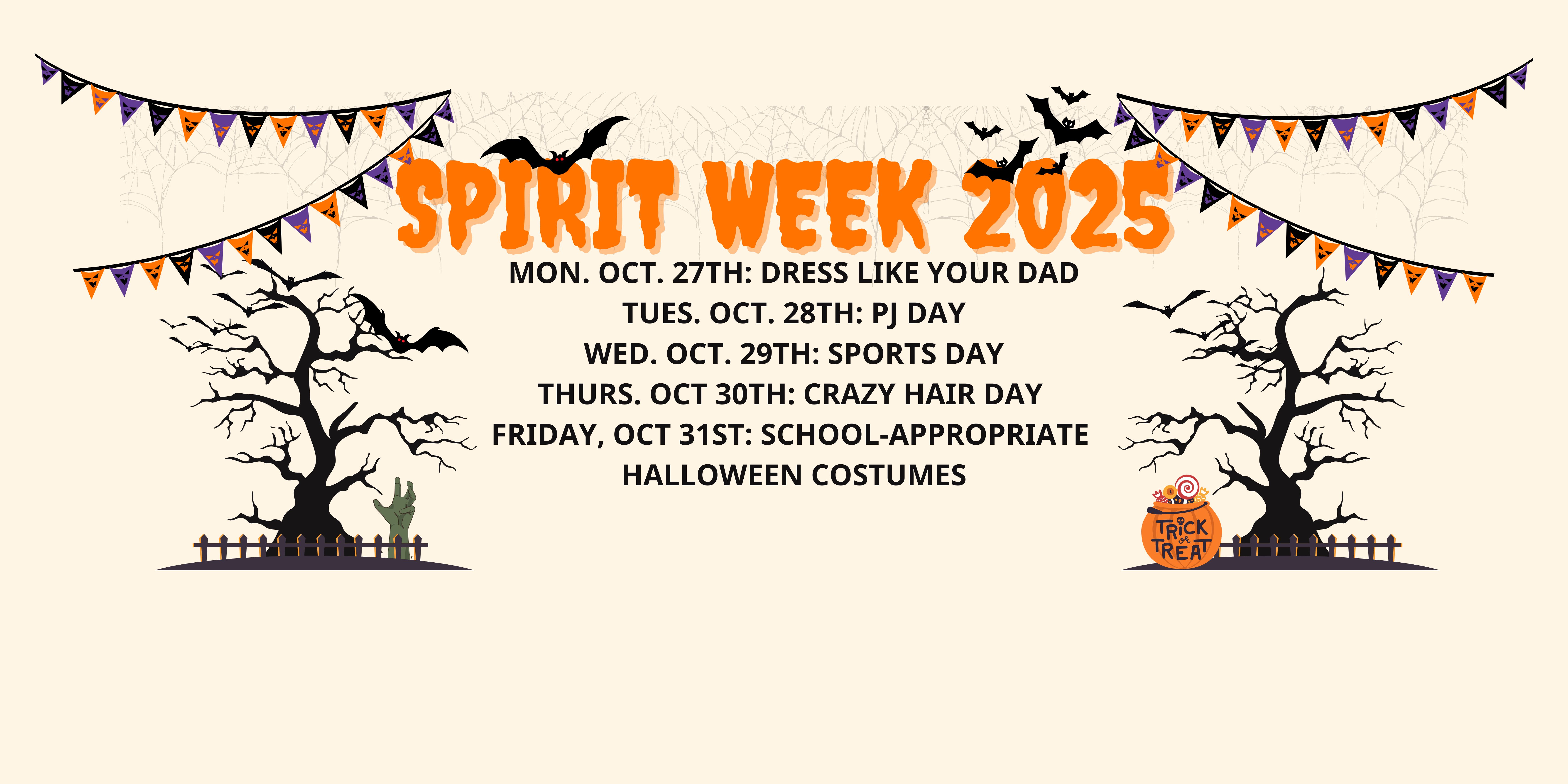 Spooky trees with bats and text about Spirit Week schedule
