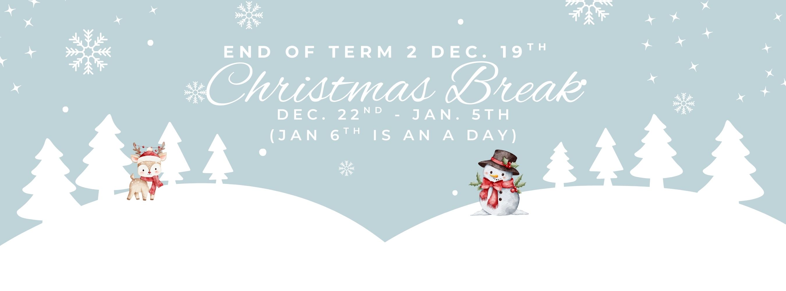 Snowy, tree-covered hills with a snowman and reindeer