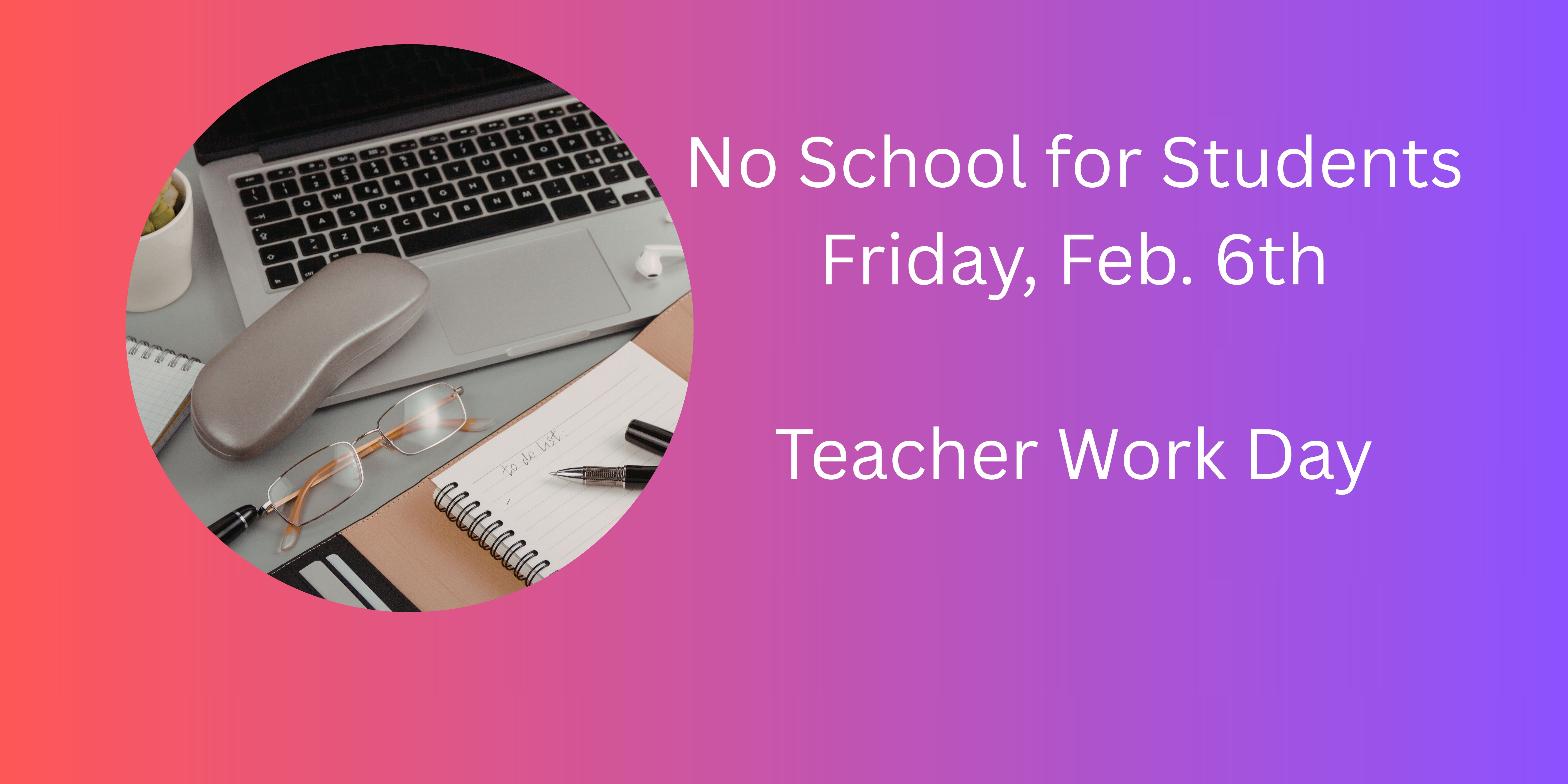 A desk with a laptop, glasses, a notebook, &amp;  pens