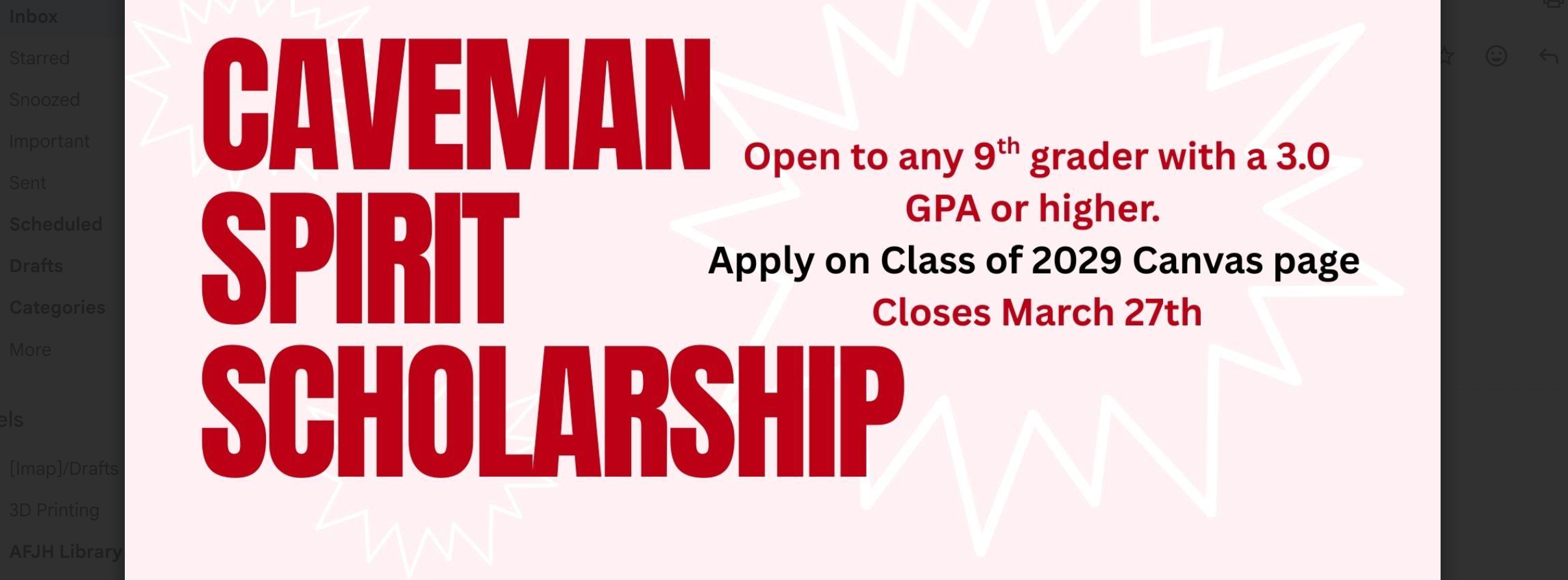 A pink background with red wording advertising a scholarship