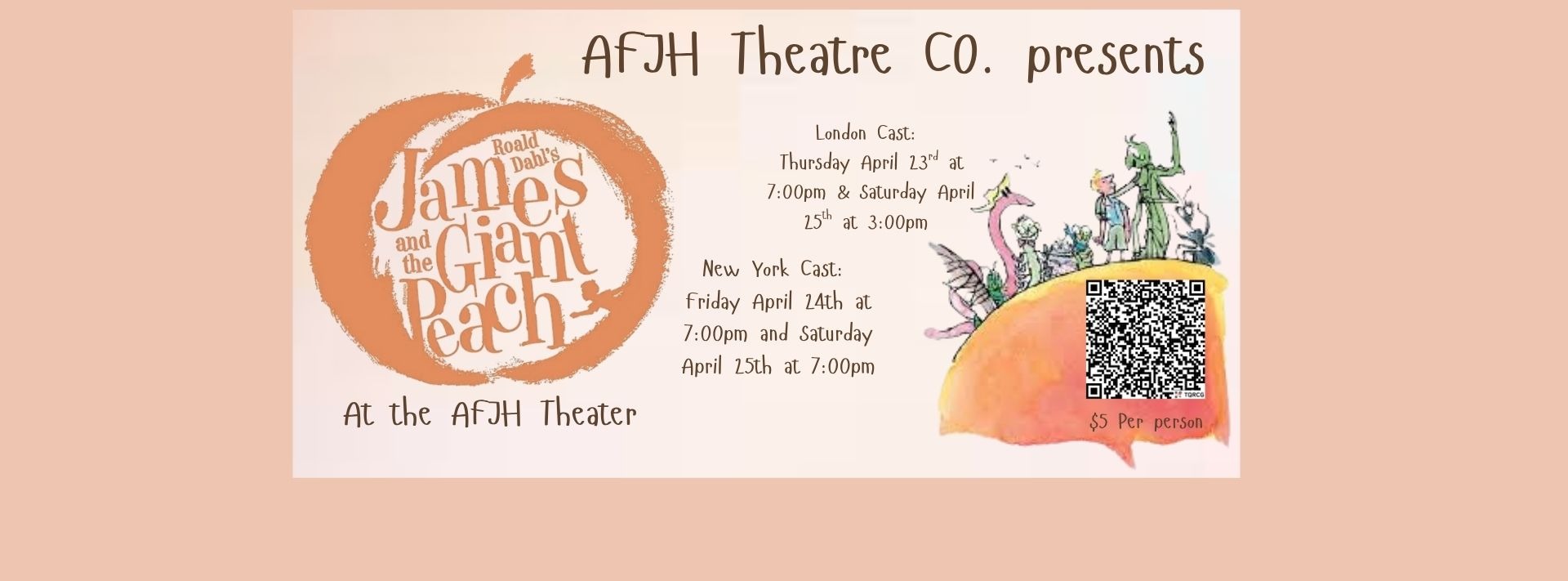 A peach colored background with characters standing on a giant peach. 