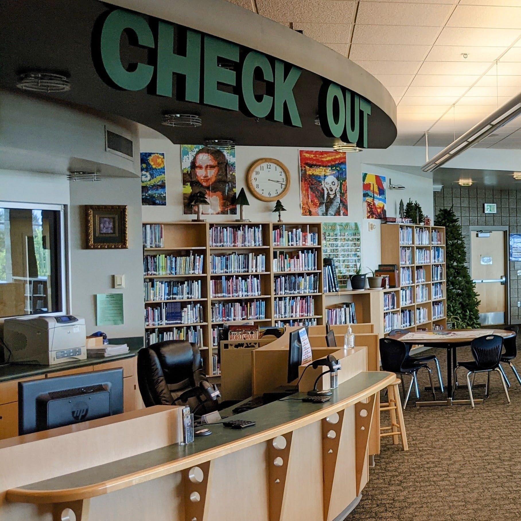 library desk and shelves