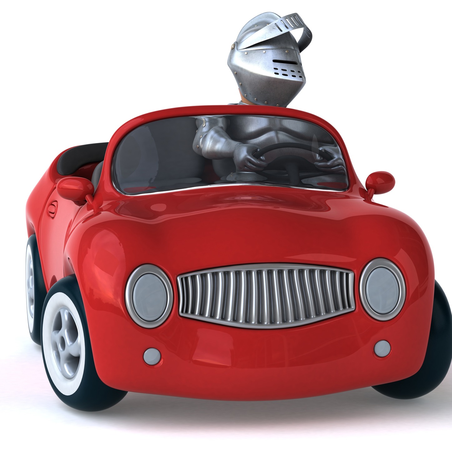 a cartoon knight driving a red car