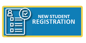 New student registration event with a welcoming banner, tables for sign-ups, and staff assisting students.
