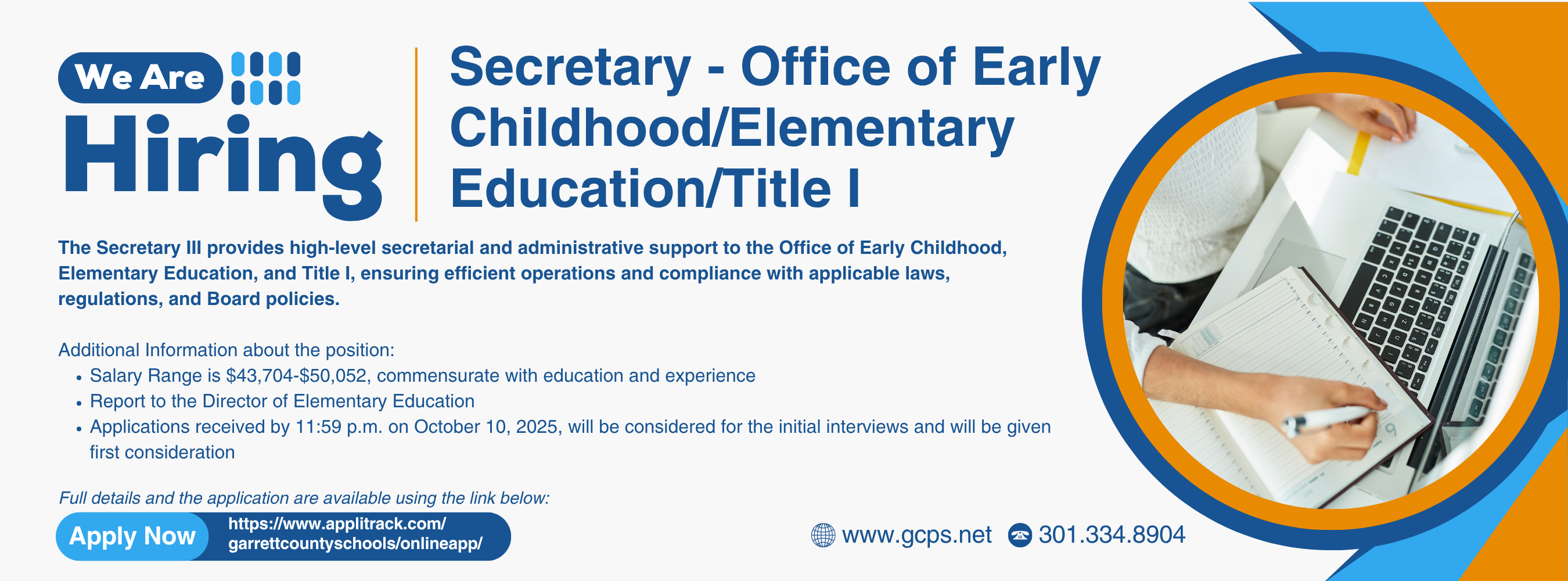 Graphic highlighting an open secretary position.