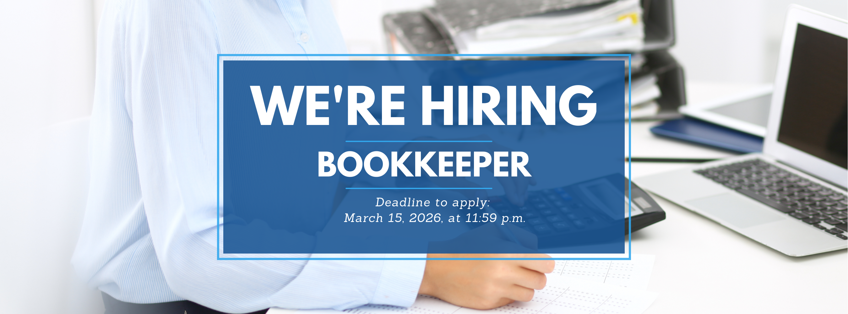 Graphic indicating that we are hiring for a bookkeeper.