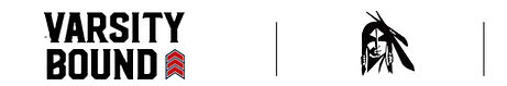 The image displays the "Varsity Bound" logo in bold, black font, followed vertically by three descending, red chevrons. A vertical black line separates the logo from an image of a Native American face in silhouette, wearing a headdress. Another vertical black line borders the right side.