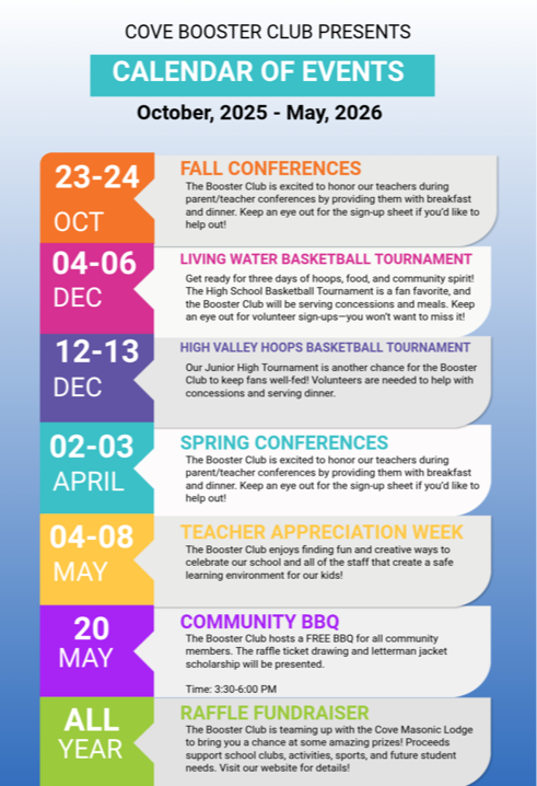Calendar for events from October 2025 to May 2026. Highlights include Fall Conferences, Teacher Appreciation Week, and Community BBQ.