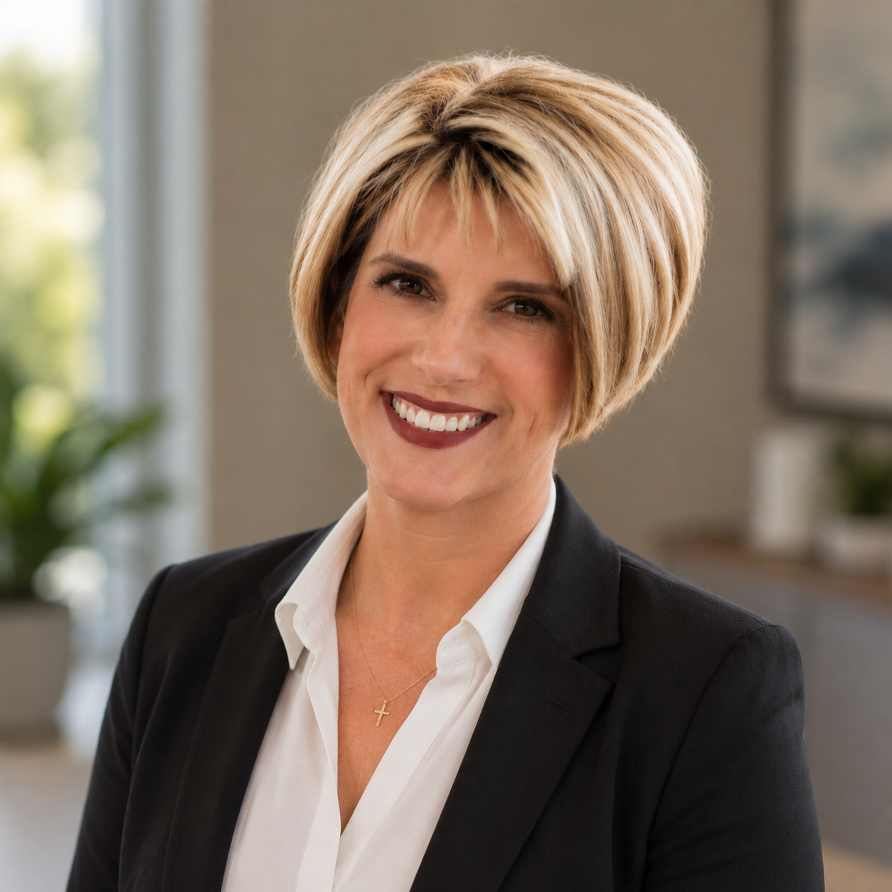A woman with short blonde hair smiles for a photo. She wears a white shirt and black blazer.