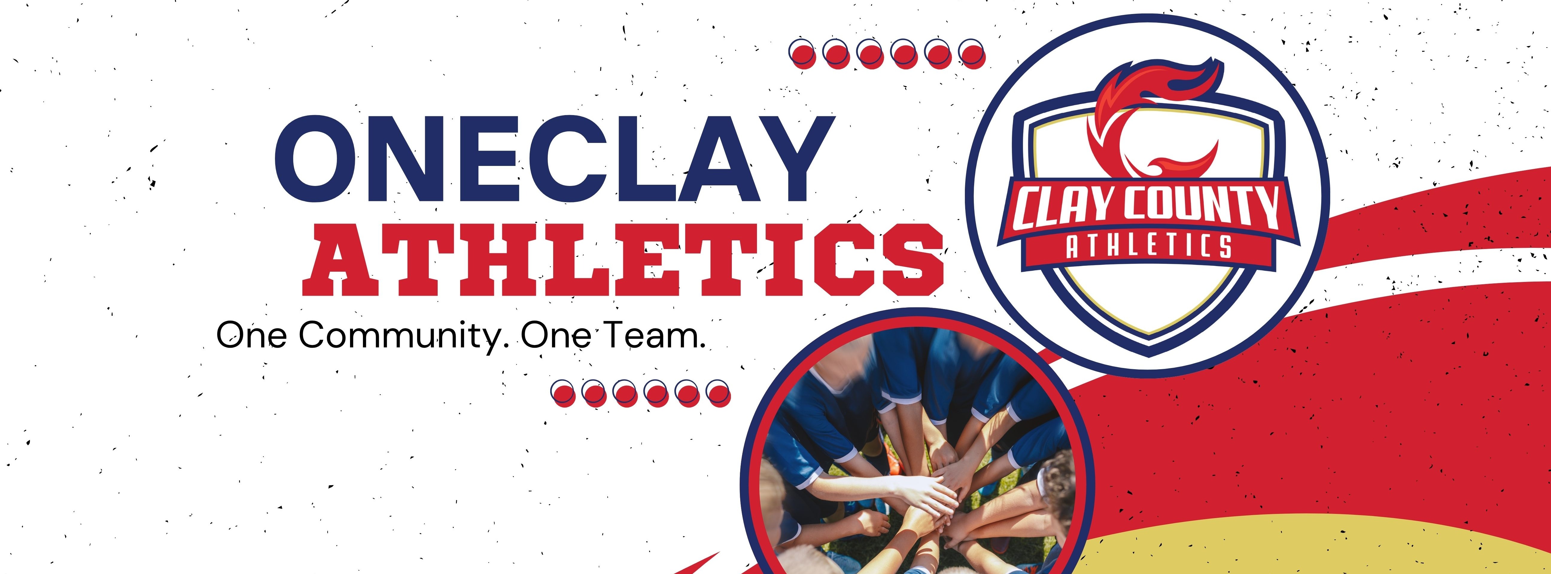 A white background with text and logos. "ONECLAY ATHLETICS" in large, bold letters above. Clay County Athletics logo to the right. An image of hands in a circle below.