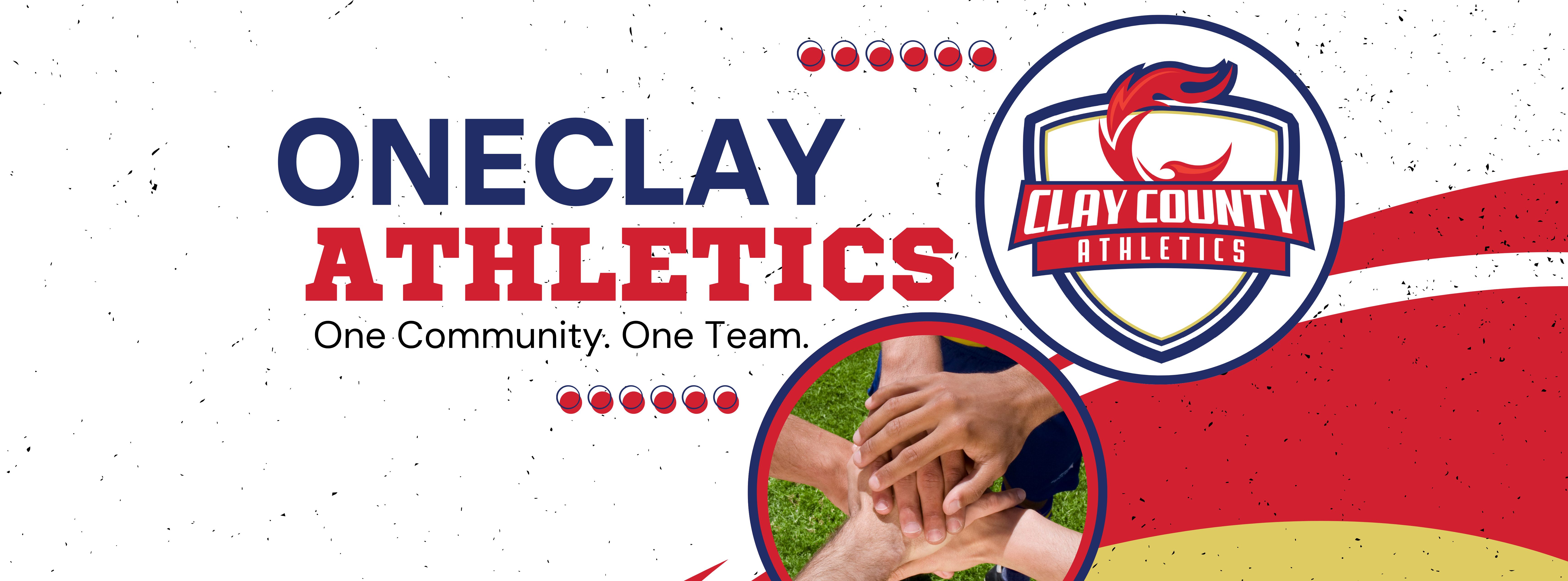 Logo for OneClay Athletics with the slogan "One Community, One Team" and a logo. Hands stacked in a circle.