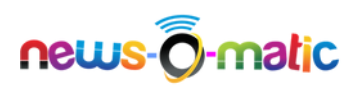 The "news-o-matic" logo, featuring colorful, stylized letters.