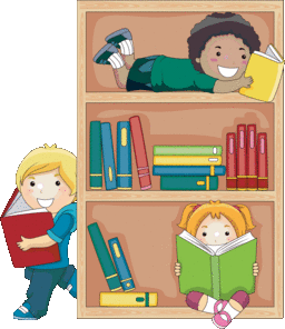 Children sitting on the floor, reading books from a colorful bookcase filled with various titles and illustrations.
