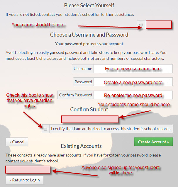 Create a parent account information