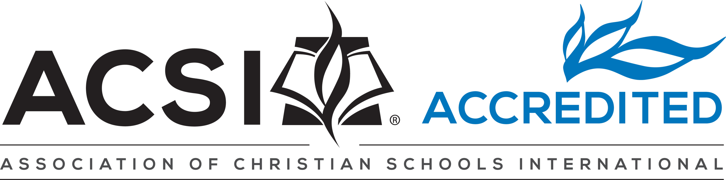 Logo of the Association of Christian Schools International (ACSI) featuring the acronym 'ACSI' and the word 'ACCREDITED' in blue, accompanied by a stylized graphic element.