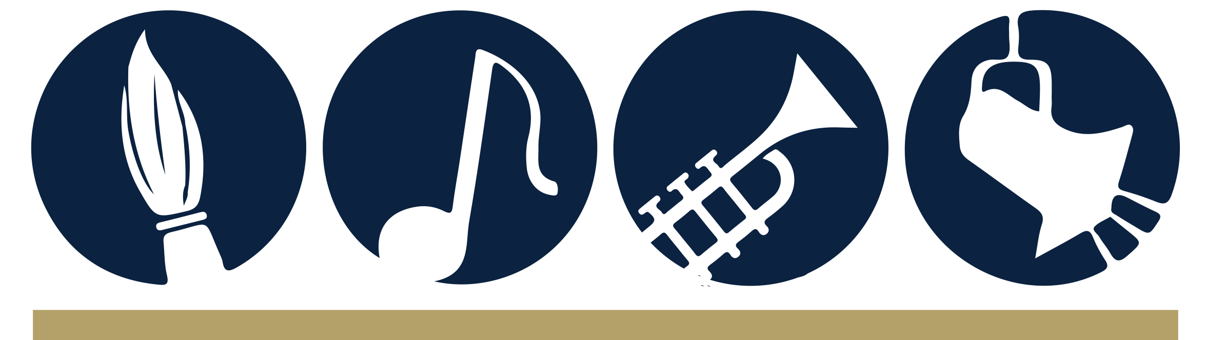 Four circular icons representing different forms of art: a quill pen for writing, a musical note for music, a trumpet for performance, and a heart symbol for love or passion.