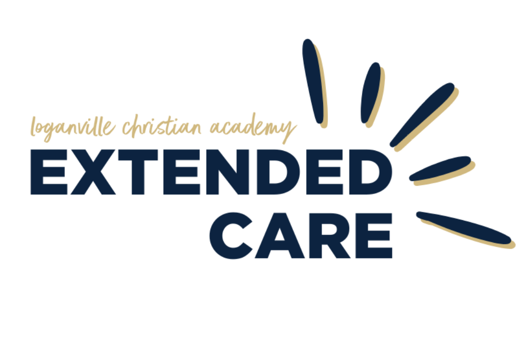 A logo for Loganville Christian Academy featuring the words 'Extended Care' in bold letters, accompanied by a sunburst design.