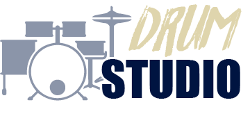 A graphic design featuring the words 'DRUM STUDIO' with a silhouette of a drum set in the background.
