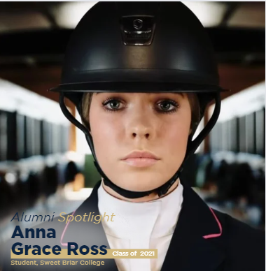 A young woman wearing a riding helmet and equestrian attire, looking directly at the camera with a serious expression, with text overlay indicating her name and graduation year from Sweet Briar College.