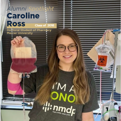 A smiling woman with long hair and glasses holds a bag of blood in a medical setting, wearing a t-shirt that reads 'I'M A HONO' and a banner indicating her as an alumni spotlight from Mercer University.