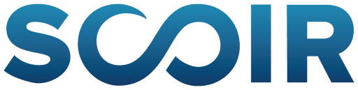 The image features the stylized text 'SCOIR' with an infinity symbol integrated into the letters, presented in a gradient of blue tones against a black background.