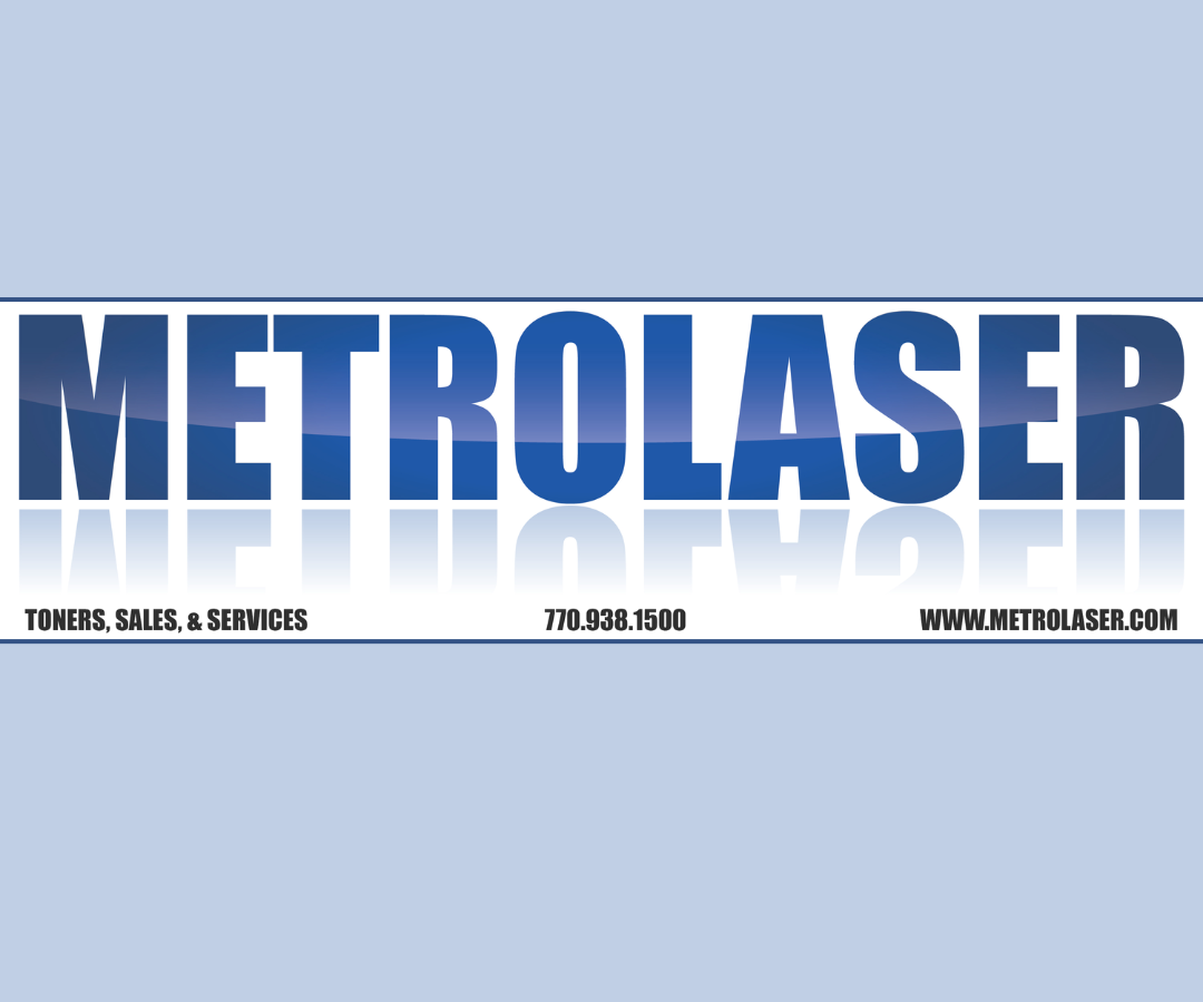 A banner displaying the word 'METROLASER' in large blue letters, with the tagline 'TOWERS, SALES & SERVICES' and contact information below.