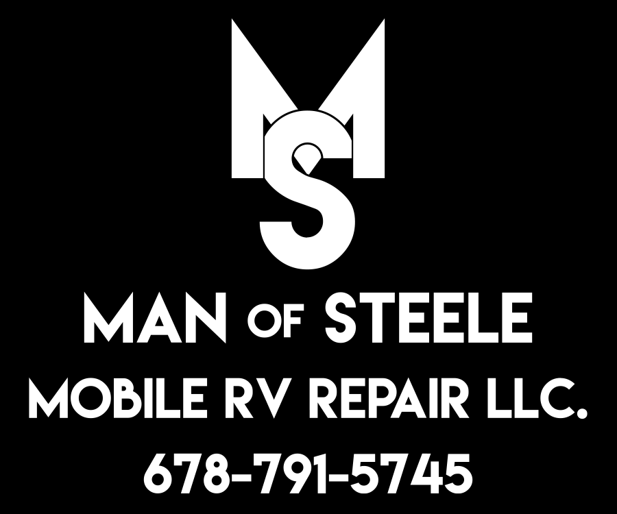 A logo for 'Man of Steele Mobile RV Repair LLC.' featuring stylized letters 'M' and 'S' in white on a black background, with the business name and phone number below.