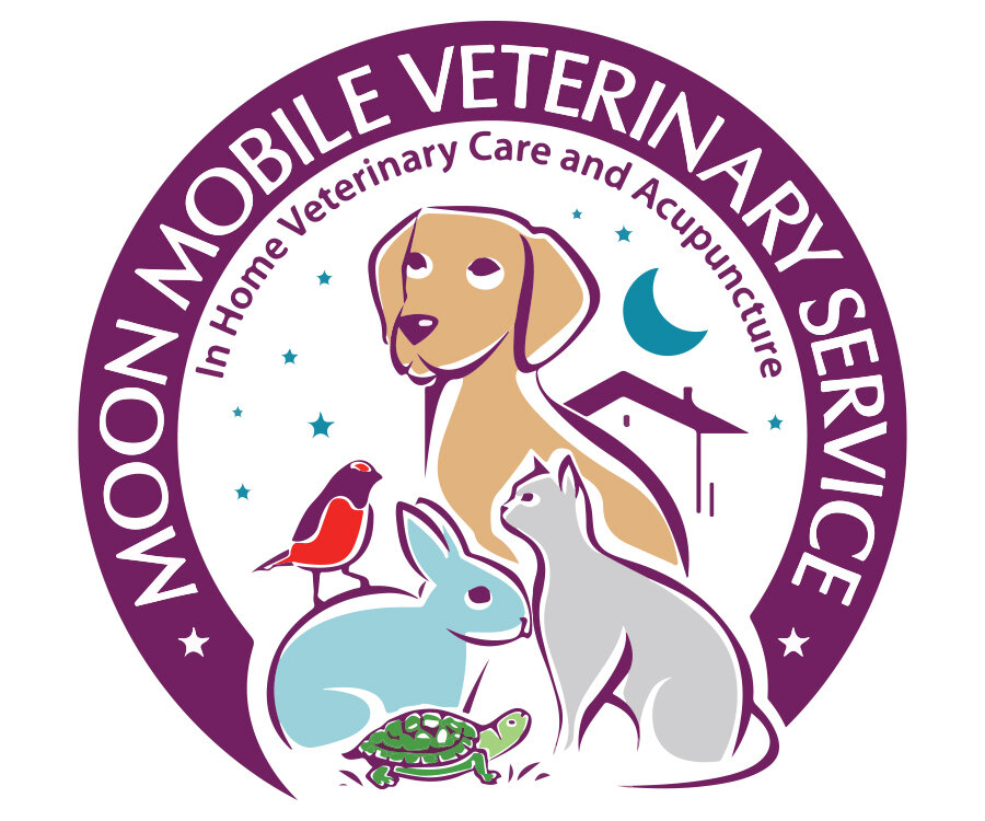 A circular logo featuring a dog, cat, rabbit, turtle, and bird, with the text 'Moon Mobile Veterinary Service' and the tagline 'In Home Veterinary Care and Acupuncture.'