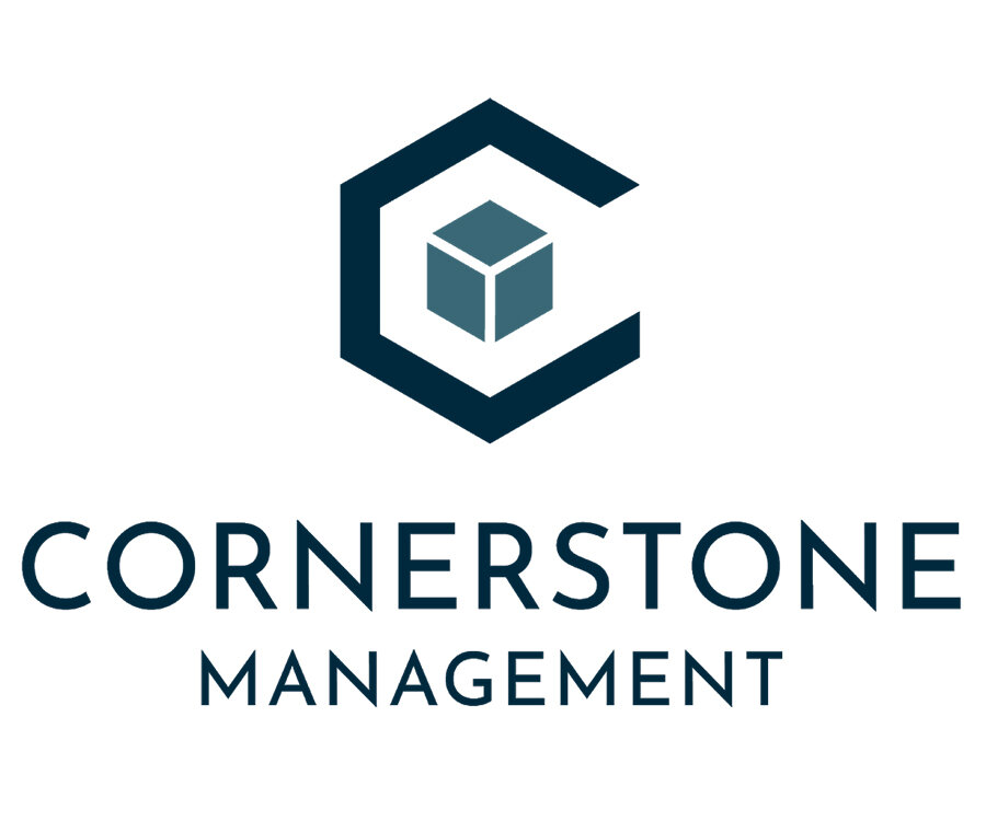 A logo featuring a stylized hexagon with a cube inside, accompanied by the text 'CORNERSTONE MANAGEMENT' below it.