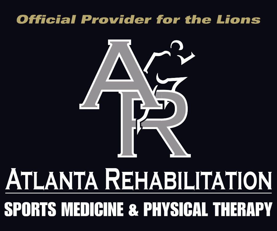 A logo for Atlanta Rehabilitation, featuring the letters 'AR' and the text 'Official Provider for the Lions' along with 'SPORTS MEDICINE & PHYSICAL THERAPY'.