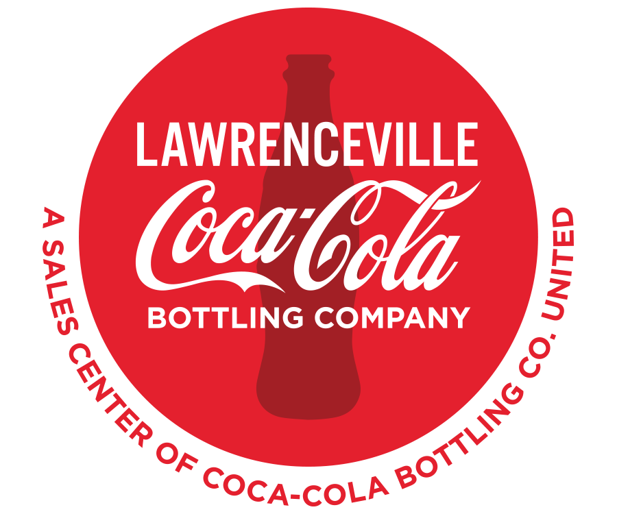 A circular logo featuring the text 'Lawrenceville Coca-Cola Bottling Company' in white on a red background, with an illustration of a Coca-Cola bottle in the center and the phrase 'A Sales Center of Coca-Cola Bottling Co. United' at the bottom.